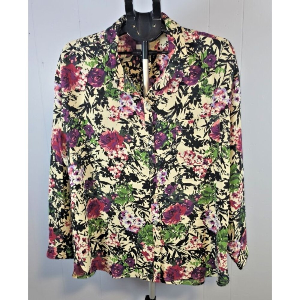 J Jill Shirt Womens 2X Purple Green Floral Button Up Long Sleeve Blouse